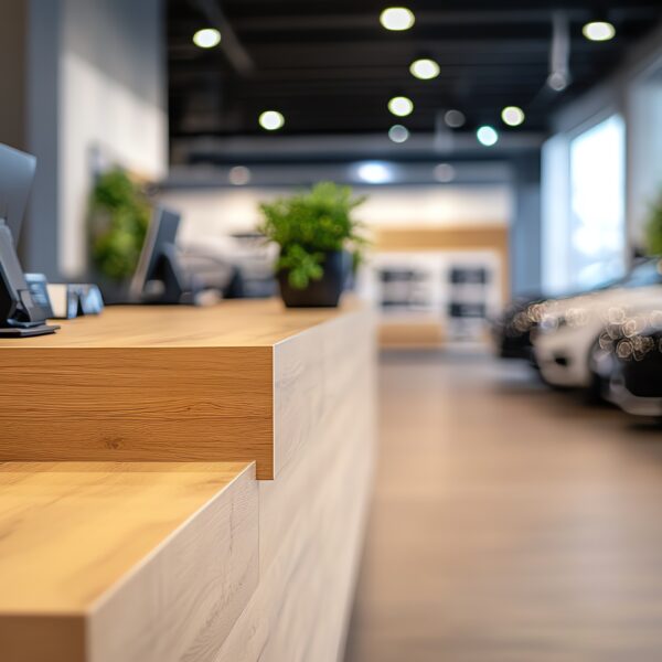 Wooden reception desk in a car dealership showroom with blurred cars in the background.