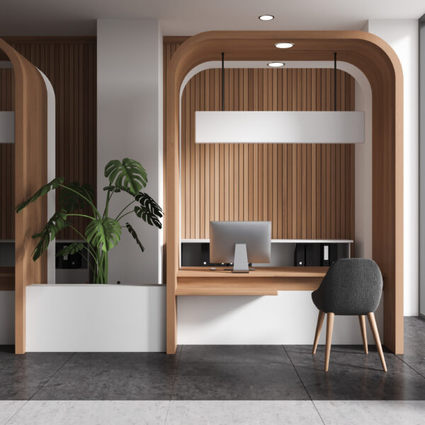 Interior of bank work zone with white and wooden walls, tiled floor, computer tables and black chairs for customers. Big window with cityscape. 3d rendering