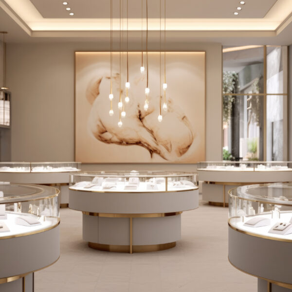 A modern jewelry store. Showcasing the interior of a contemporary jewelry store