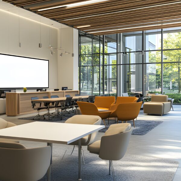 49 Laptop with white mockup screen placed on table in common area of contemporary office center, copy room