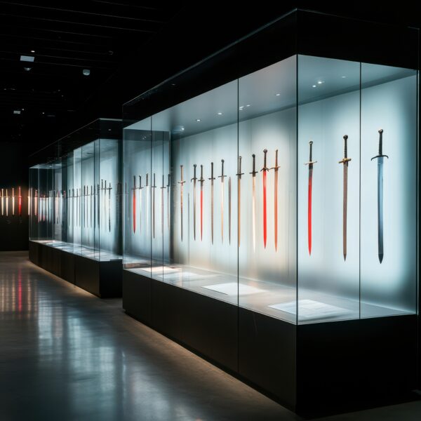 Antique sword collection displayed in a glass case with digital interactive panels offering historical information, soft lighting, modern museum style.
