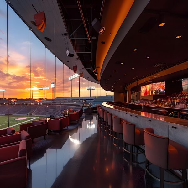 Elegant and Luxurious VIP Lounge Overlooking a Sports Stadium Bathed in the Warm Glow of a Breathtaking Sunset Sky